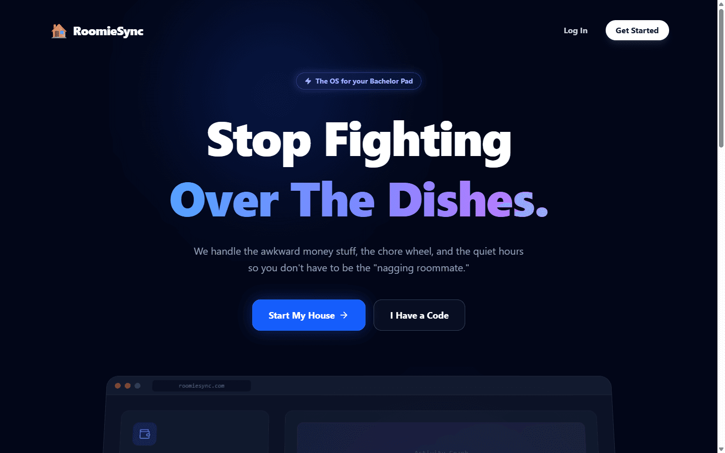 RoomieSync landing page on a dark blue background